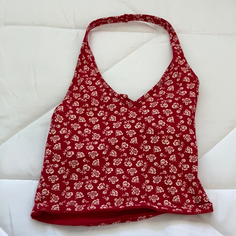 red crop top with white flowers